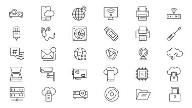 İnternet bilgisayar satırı simgesi seti. İletişim simgeleri için web sitesi simgesi. Bilgisayar, ağ, web sitesi, sunucu, web tasarımı, donanım, yazılım ve daha fazlası. Web sitesi simge vektörü