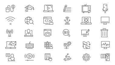 İnternet bilgisayar satırı simgesi seti. İletişim simgeleri için web sitesi simgesi. Bilgisayar, ağ, web sitesi, sunucu, web tasarımı, donanım, yazılım ve daha fazlası. Web sitesi simge vektörü