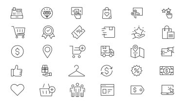 E-Ticaret ve Alışveriş İnce çizgi simgeleri ayarlandı. E-Ticaret, Alışveriş, Çevrimiçi Alışveriş ikonları koleksiyonu. Alışveriş sembolleri ayarlandı. Vektör illüstrasyonu