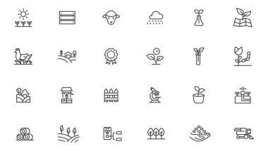 Tarım ikonu seti. Ekoloji çizgi simgeleri ayarlandı. 