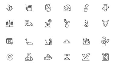 Tarım ikonu seti. Ekoloji çizgi simgeleri ayarlandı. 