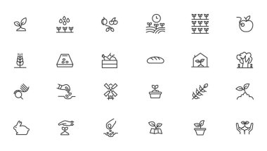 Tarım ikonu seti. Ekoloji çizgi simgeleri ayarlandı. 