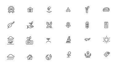 Tarım ikonu seti. Ekoloji çizgi simgeleri ayarlandı. 