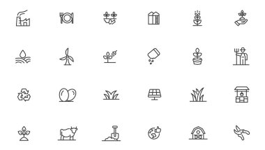 Tarım ikonu seti. Ekoloji çizgi simgeleri ayarlandı. 