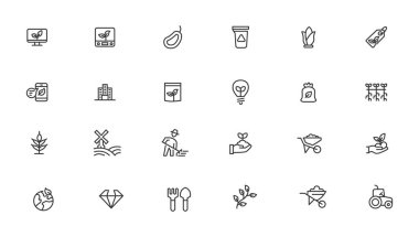 Tarım ikonu seti. Ekoloji çizgi simgeleri ayarlandı. 
