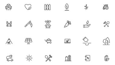 Tarım ikonu seti. Ekoloji çizgi simgeleri ayarlandı. 