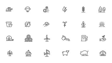 Tarım ikonu seti. Ekoloji çizgi simgeleri ayarlandı. 