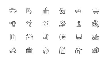 Endüstriyel ve taşıma lineer simgeleri koleksiyonu. İnce çizgi ağ simgesi seti, basit dış hat simgeleri koleksiyonu, Piksel Mükemmel simgeler, Basit vektör illüstrasyonu