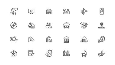 Endüstriyel ve taşıma lineer simgeleri koleksiyonu. İnce çizgi ağ simgesi seti, basit dış hat simgeleri koleksiyonu, Piksel Mükemmel simgeler, Basit vektör illüstrasyonu