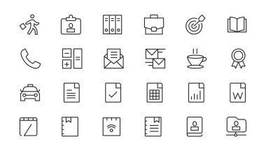 Ofis çalışma alanı elemanları - ince çizgi simgesi seti. Taslak simge koleksiyonu. Basit vektör illüstrasyonu.