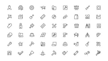 Taslak web simgeleri - inşaat, ev onarım araçları. İnce çizgi ağ simgeleri koleksiyonu. Basit vektör illüstrasyonu