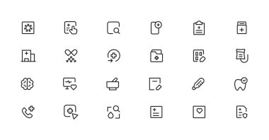 Tıp ve Sağlık Sembolleri - minimal ince çizgi ağ simgesi seti. Taslak simge koleksiyonu. Basit vektör illüstrasyonu