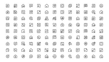 Gayrimenkul, çok küçük bir ağ simgesi seti. Simgeler arasında emlak, mülk, ipotek, ev kredisi ve daha fazlası vardı. Taslak simge koleksiyonu