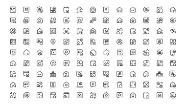 Gayrimenkul, çok küçük bir ağ simgesi seti. Simgeler arasında emlak, mülk, ipotek, ev kredisi ve daha fazlası vardı. Taslak simge koleksiyonu