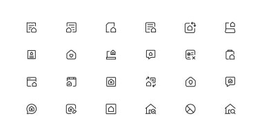Gayrimenkul, çok küçük bir ağ simgesi seti. Simgeler arasında emlak, mülk, ipotek, ev kredisi ve daha fazlası vardı. Taslak simge koleksiyonu