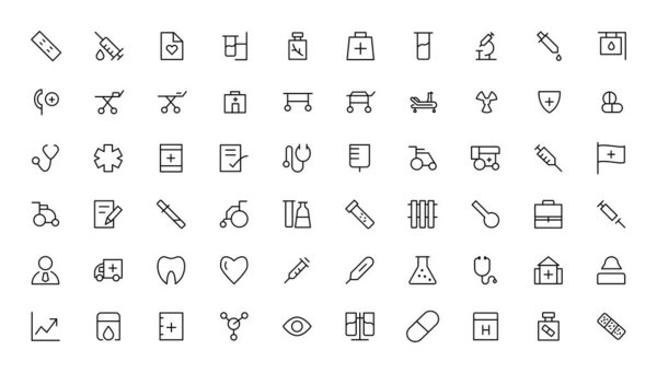 Символы медицины и здоровья - минимальный набор иконок тонкой линии. Коллекция контуров иконок. Простые векторные иллюстрации