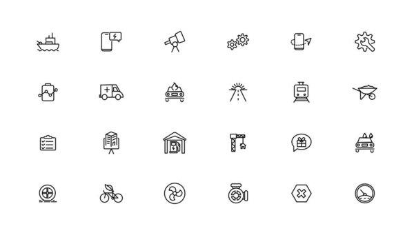 Коллекция промышленных и транспортных линейных иконок. Набор иконок тонкой линии, простая коллекция иконок контуров, иконки Pixel Perfect, простая векторная иллюстрация