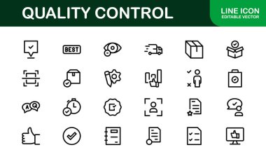 Kalite Kontrol Simgesi Seti - İş, Üretim ve Ürün Güvencesi İçin Asgari, Modern ve Çok Yönlü Sanat Resimleri