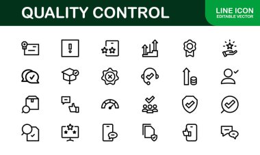 Kalite Kontrol Simgesi Seti - İş, Üretim ve Ürün Güvencesi İçin Asgari, Modern ve Çok Yönlü Sanat Resimleri