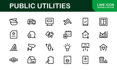 Kamu Hizmetleri Simgesi Paketi. Enerji, Su Kaynakları, Atık Yönetimi ve Kentsel Altyapı için Temiz, Düzenlenebilir Satır Simgeleri