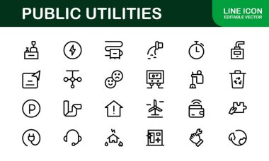 Kamu Hizmetleri Simgesi Paketi. Enerji, Su Kaynakları, Atık Yönetimi ve Kentsel Altyapı için Temiz, Düzenlenebilir Satır Simgeleri