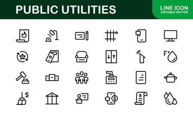 Kamu Hizmetleri Simgesi Paketi. Enerji, Su Kaynakları, Atık Yönetimi ve Kentsel Altyapı için Temiz, Düzenlenebilir Satır Simgeleri