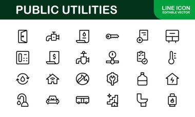 Kamu Hizmetleri Simgesi Paketi. Enerji, Su Kaynakları, Atık Yönetimi ve Kentsel Altyapı için Temiz, Düzenlenebilir Satır Simgeleri