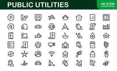 Kamu Hizmetleri Simgesi Paketi. Enerji, Su Kaynakları, Atık Yönetimi ve Kentsel Altyapı için Temiz, Düzenlenebilir Satır Simgeleri