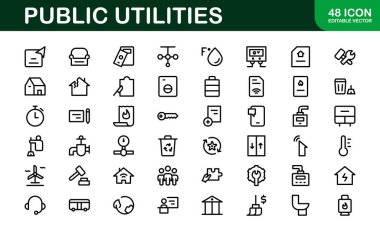 Kamu Hizmetleri Simgesi Paketi. Enerji, Su Kaynakları, Atık Yönetimi ve Kentsel Altyapı için Temiz, Düzenlenebilir Satır Simgeleri