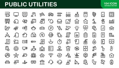 Kamu Hizmetleri Simgesi Paketi. Enerji, Su Kaynakları, Atık Yönetimi ve Kentsel Altyapı için Temiz, Düzenlenebilir Satır Simgeleri