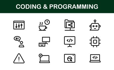 Özelleştirilebilir Kodlama ve Programlama Simgeleri. Geliştirme, Tasarım Sistemleri ve Teknoloji Çalışmaları için Vektör Grafikleri