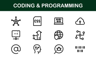Özelleştirilebilir Kodlama ve Programlama Simgeleri. Geliştirme, Tasarım Sistemleri ve Teknoloji Çalışmaları için Vektör Grafikleri