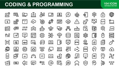 Özelleştirilebilir Kodlama ve Programlama Simgeleri. Geliştirme, Tasarım Sistemleri ve Teknoloji Çalışmaları için Vektör Grafikleri