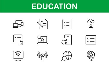 Eğitim Simgesi Ayarlandı. Modern ve Minimalist Öğrenme, Öğretim, Okul ve Dijital Eğitim Aletleri Simgeleri