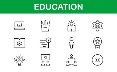 Eğitim Simgesi Ayarlandı. Modern ve Minimalist Öğrenme, Öğretim, Okul ve Dijital Eğitim Aletleri Simgeleri