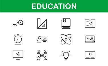 Eğitim Simgesi Ayarlandı. Modern ve Minimalist Öğrenme, Öğretim, Okul ve Dijital Eğitim Aletleri Simgeleri