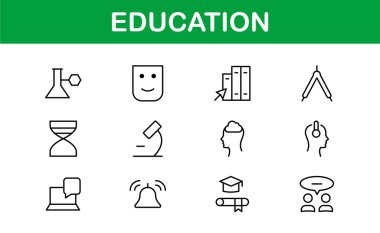 Eğitim Simgesi Ayarlandı. Modern ve Minimalist Öğrenme, Öğretim, Okul ve Dijital Eğitim Aletleri Simgeleri