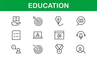 Eğitim Simgesi Ayarlandı. Modern ve Minimalist Öğrenme, Öğretim, Okul ve Dijital Eğitim Aletleri Simgeleri