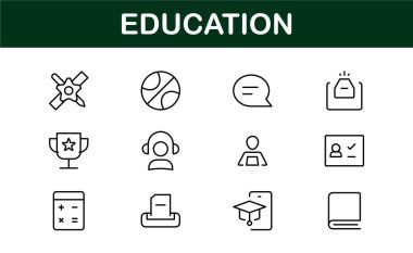 Eğitim Simgesi Ayarlandı. Modern ve Minimalist Öğrenme, Öğretim, Okul ve Dijital Eğitim Aletleri Simgeleri
