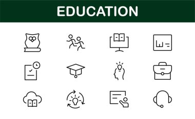 Eğitim Simgesi Ayarlandı. Modern ve Minimalist Öğrenme, Öğretim, Okul ve Dijital Eğitim Aletleri Simgeleri