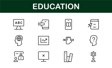Eğitim Simgesi Ayarlandı. Modern ve Minimalist Öğrenme, Öğretim, Okul ve Dijital Eğitim Aletleri Simgeleri