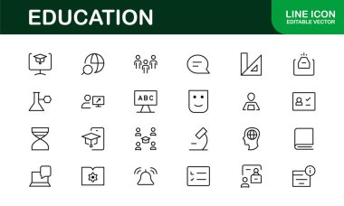 Eğitim Simgesi Ayarlandı. Modern ve Minimalist Öğrenme, Öğretim, Okul ve Dijital Eğitim Aletleri Simgeleri