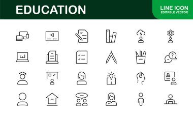 Eğitim Simgesi Ayarlandı. Modern ve Minimalist Öğrenme, Öğretim, Okul ve Dijital Eğitim Aletleri Simgeleri