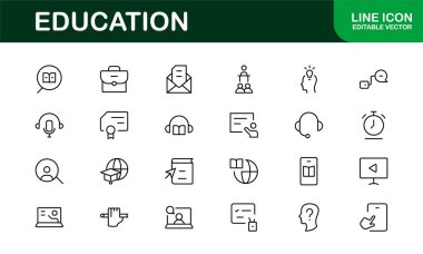 Eğitim Simgesi Ayarlandı. Modern ve Minimalist Öğrenme, Öğretim, Okul ve Dijital Eğitim Aletleri Simgeleri