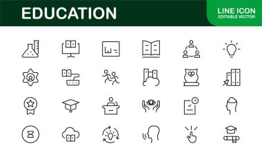 Eğitim Simgesi Ayarlandı. Modern ve Minimalist Öğrenme, Öğretim, Okul ve Dijital Eğitim Aletleri Simgeleri