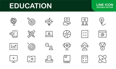Eğitim Simgesi Ayarlandı. Modern ve Minimalist Öğrenme, Öğretim, Okul ve Dijital Eğitim Aletleri Simgeleri
