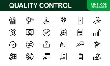 Kalite Kontrol Simgesi Seti - İş, Üretim ve Ürün Güvencesi İçin Asgari, Modern ve Çok Yönlü Sanat Resimleri