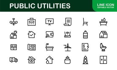 Kamu Hizmetleri Simgesi Paketi. Enerji, Su Kaynakları, Atık Yönetimi ve Kentsel Altyapı için Temiz, Düzenlenebilir Satır Simgeleri