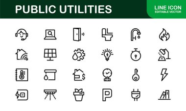 Kamu Hizmetleri Simgesi Paketi. Enerji, Su Kaynakları, Atık Yönetimi ve Kentsel Altyapı için Temiz, Düzenlenebilir Satır Simgeleri