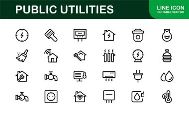Kamu Hizmetleri Simgesi Paketi. Enerji, Su Kaynakları, Atık Yönetimi ve Kentsel Altyapı için Temiz, Düzenlenebilir Satır Simgeleri